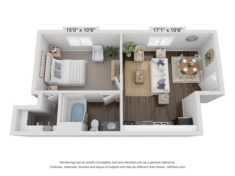 Floor plan for studio, 1 bath, 680 sqft